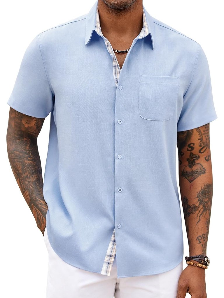 Men's Clear Blue Short Sleeve Casual Summer Breathable Button Down Shirts
